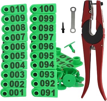 Goat Ear Tags Livestock Ear Tag Pliers Tool, 001-100 Number Plastic Sheep Ear Tag, with Livestock Animal Ear Tagging Pliers for Sheep Pig Dog Deer Farm Horse Cow Cattle Green