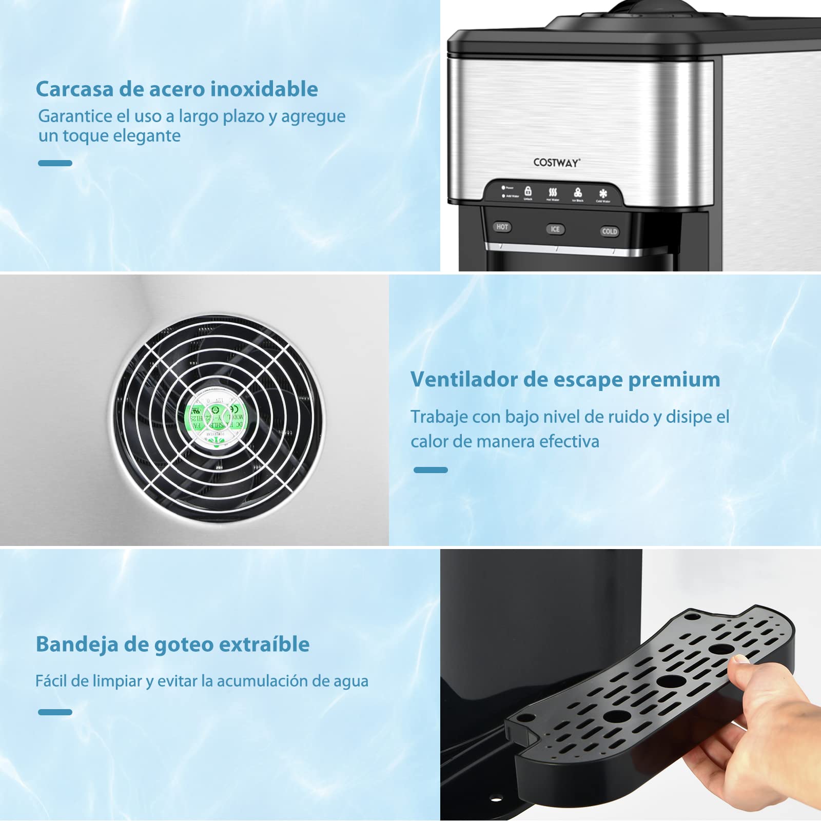 COSTWAY Dispensador de Agua 3-en-1 Con Máquina de Hielo, 3 Ajustes de Temperatura, Para Botellas de 3-5 Galones, Para Hogar y Oficina