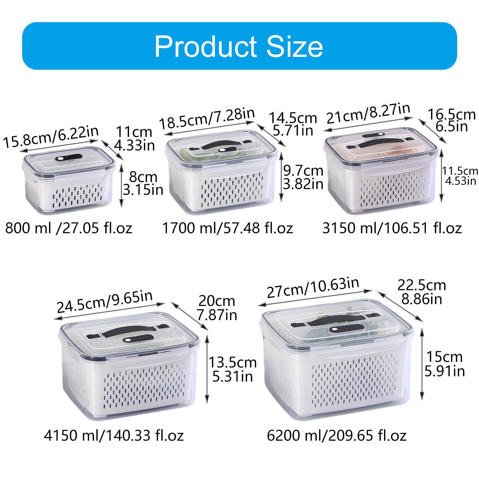 Greabuy Cestas versátiles para refrigerador con asas, filtro desmontable, ideal para verduras, preparación de comidas, contenedores multiusos para refrigerador