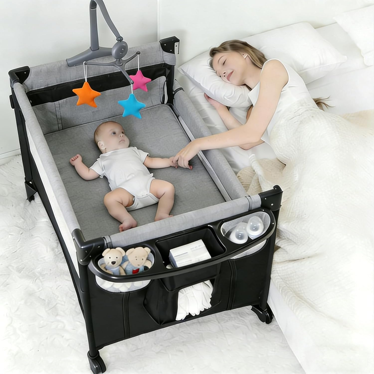 Pack and Play Baby Bedside Crib with Wheels, Foldable Baby Travel Crib for Babies and Toddlers, Portable Large Space Playard (6602 Grey Without Luxurious Mosquito Net)