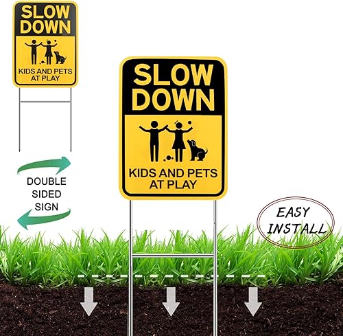 Miniatura 3 de Letreros de "Slow Down" con estaca en H, 16 x 12 pulgadas, letrero de juego para niños y mascotas en los barrios de la calle, letreros de seguridad