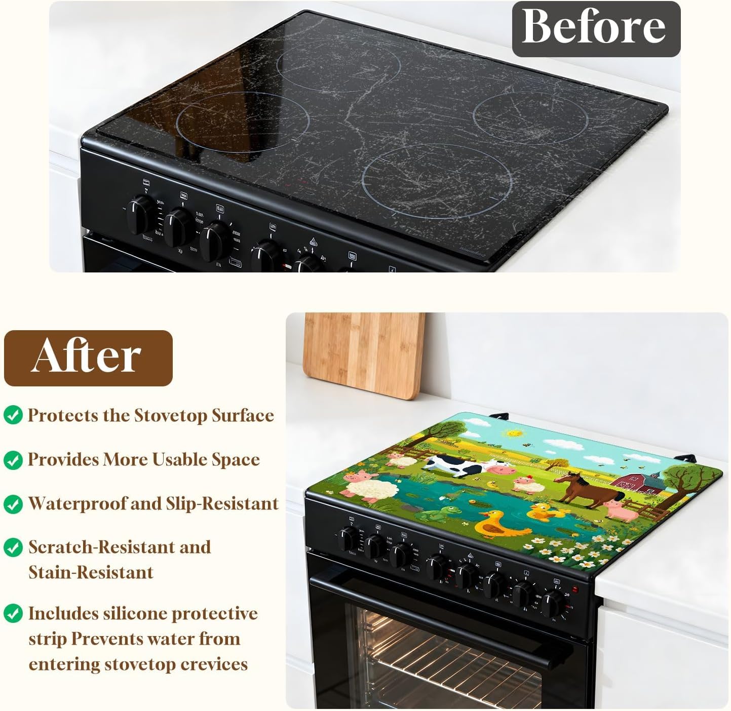 Stove Top Covers for Electric Stove cartoon happy farm animals Glass Cooktop Burner Covers Heat Resistant Protector Kitchen Decor Keep Stove Clean 28''x20''