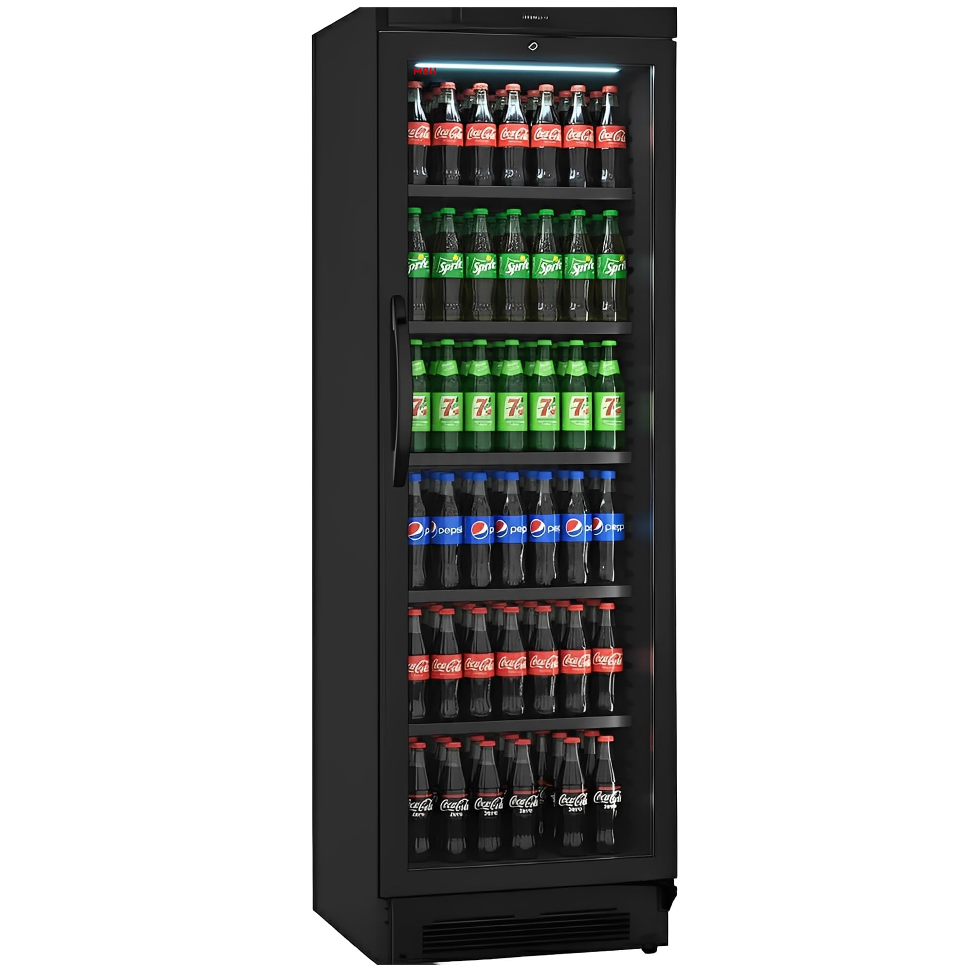 MBH - Vetrina frigo bibite verticale NERO da 358 litri con porta vetro per la ristorazione. Espositore refrigerato professionale per bar e ristorante.