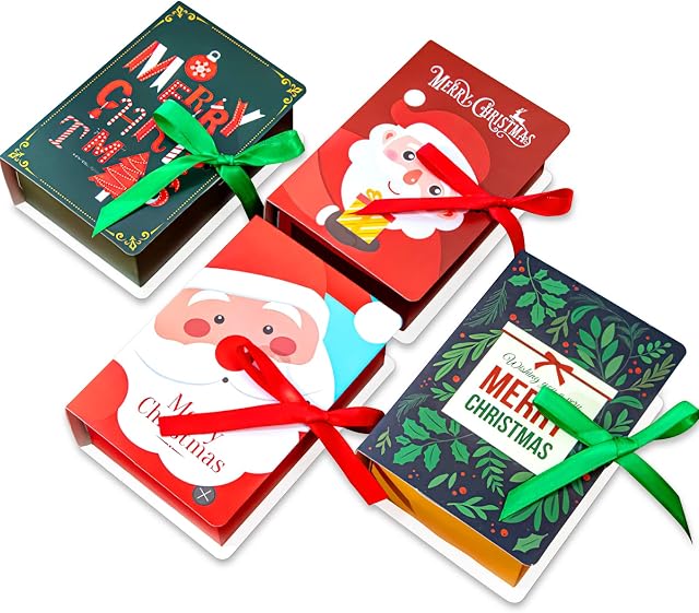 Qpout 12Pack Christmas Cookie Box Treats Boxes for Kids, Creative Magic Book Effect Xmas Gifts Box for Sweets Goodies Chocolate Packing, Baby Shower Wedding Xmas Eve Party Decorations Supplies