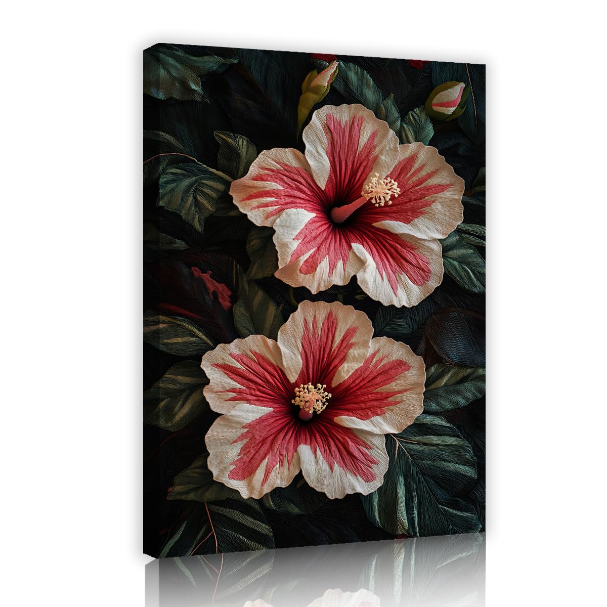 TOANGWALL Tropikalny hibiskus, płótno, sztuka ścienna, czerwone, różowe, kwiaty, malarstwo, ciemnozielone liście, dzieło sztuki, nowoczesny, oprawiony plakat, wydruki, obrazy ścienne do salonu, salonu