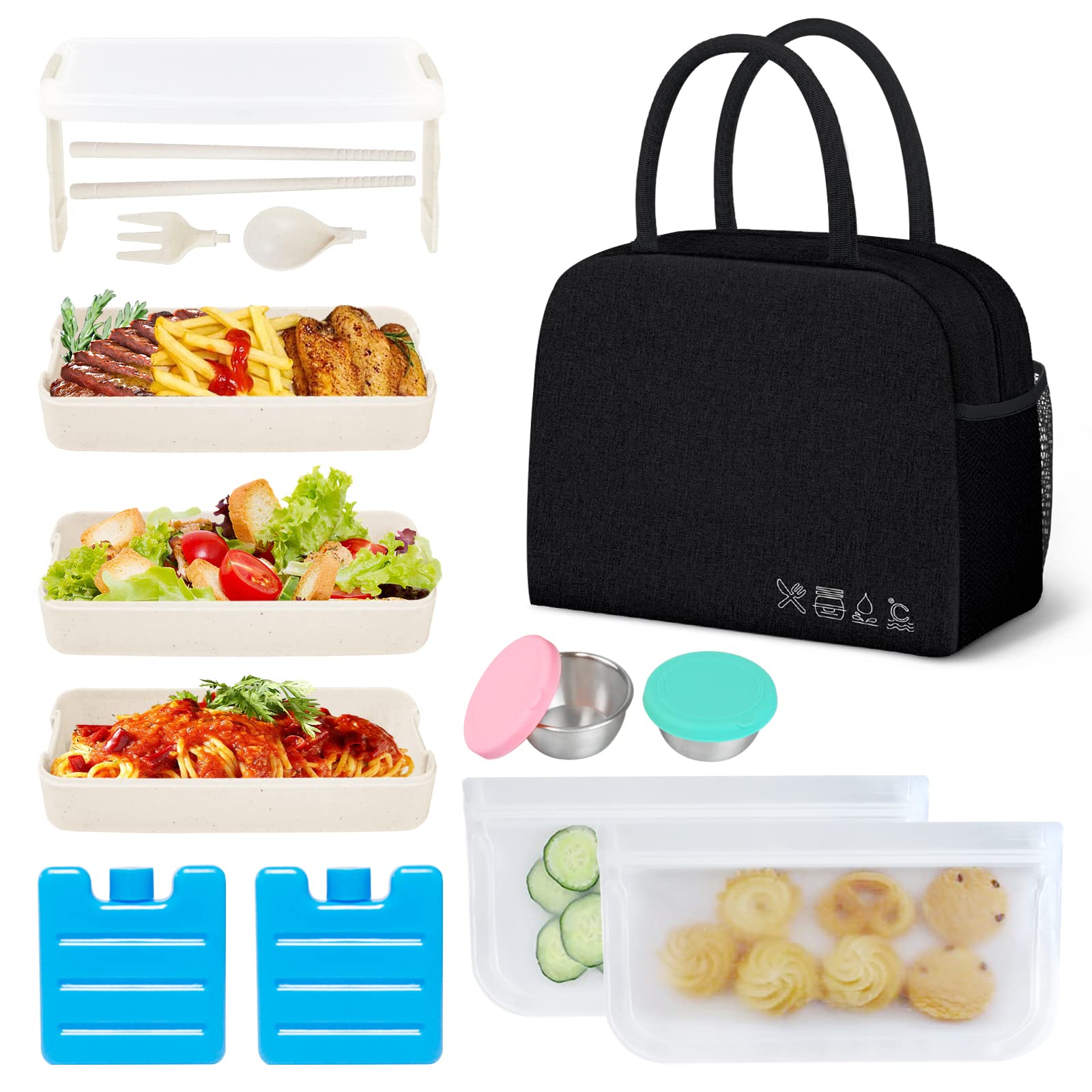 KUBYA Bento Lunch Box Set,Stackable Lunch Container Leak-Proof 3-In-1 Compartment With Ice Packs, Reusable Lunch Bag, Food Bags, Sauce Cups, Lunch Box Microwave Freezer Safeï¼ˆblackï¼‰