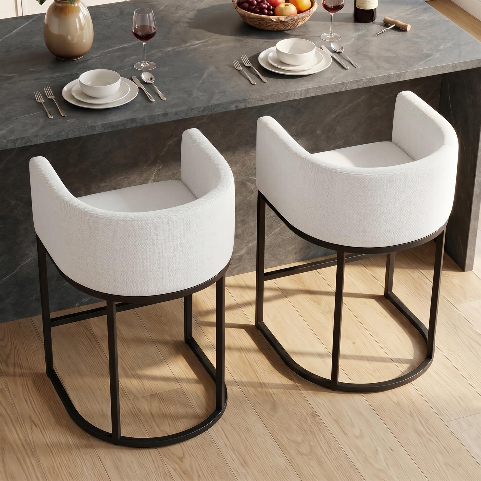 Counter Height Bar Stools Set of 2, 24 Inch Seat Height Barstools for Dining Room, Fabric Upholstered Bar Chair for Kitchen Island, Linen Counter Stools with Metal Legs, White