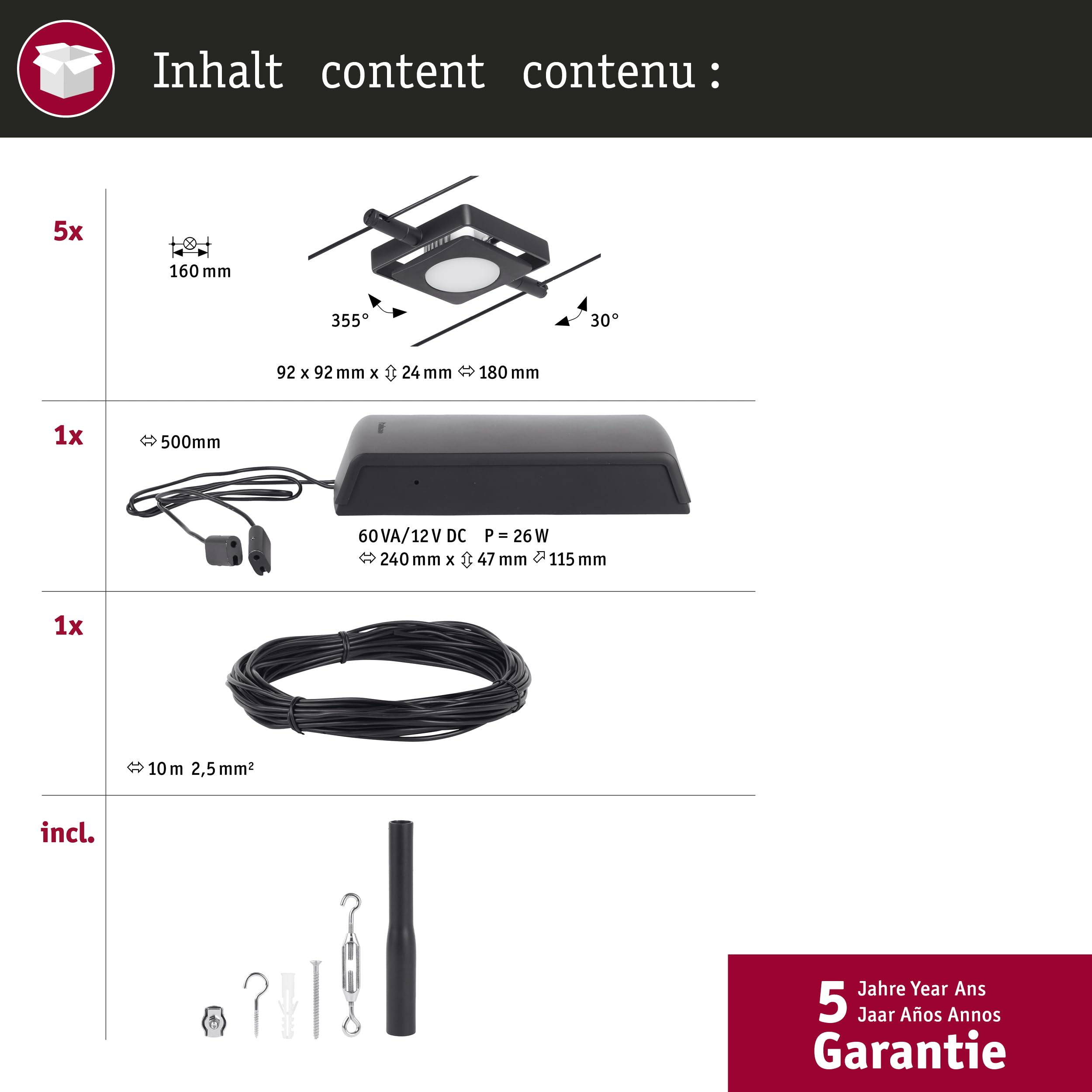 Paulmann 94424 Corduo Système de câbles LED Kit MacLED DC avec 5 x 4,5 watts extensibles Noir mat, chrome Câble métallique 3000 K