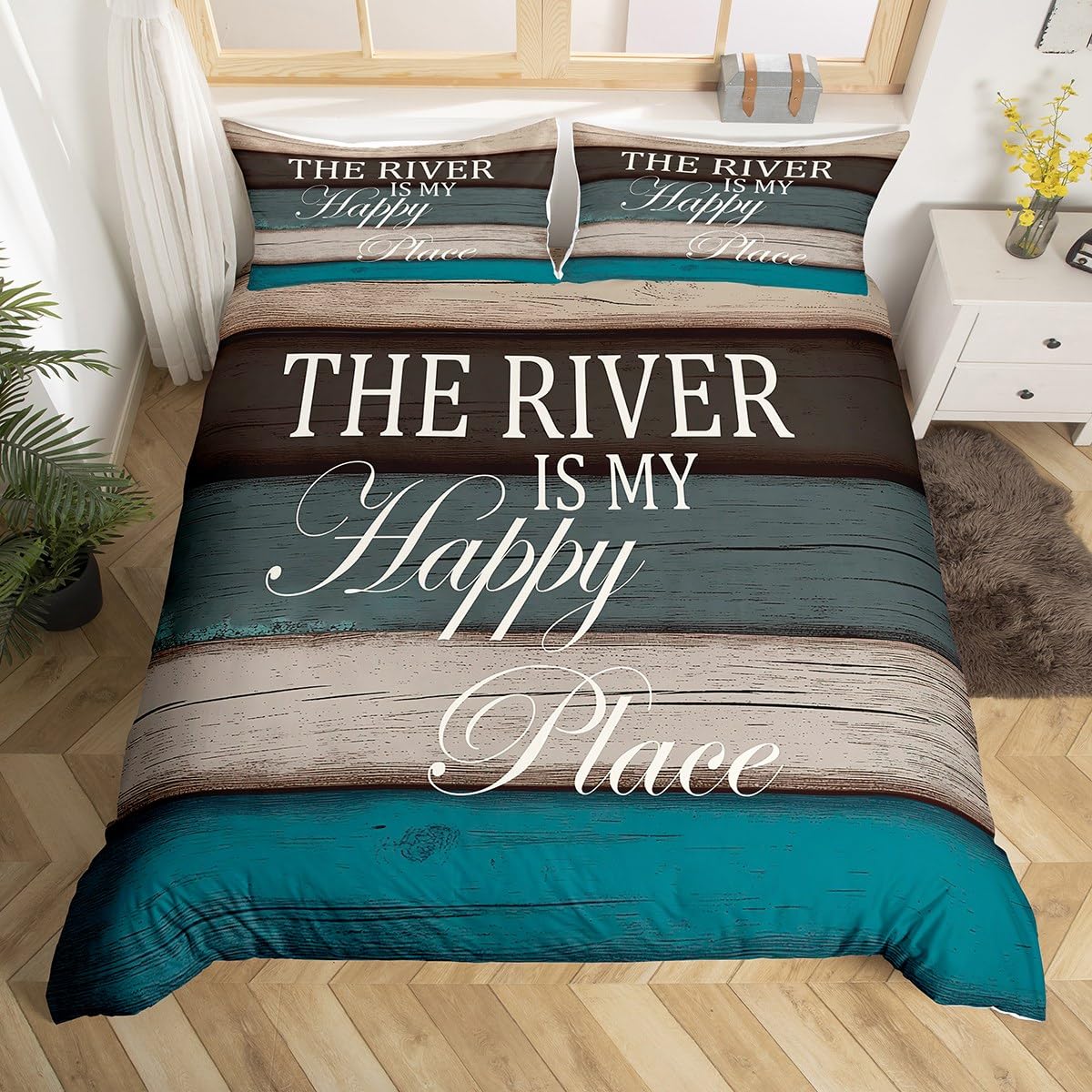 River Life Duvet Cover Queen Size,River Scenery Comforter Cover with 2 Pillowcase for Teens,Kids Blue and Brown Wood Bedding Set,Rustic Farmhouse Breathable 3 Pcs Decorative Bed Cover(No Comforter)