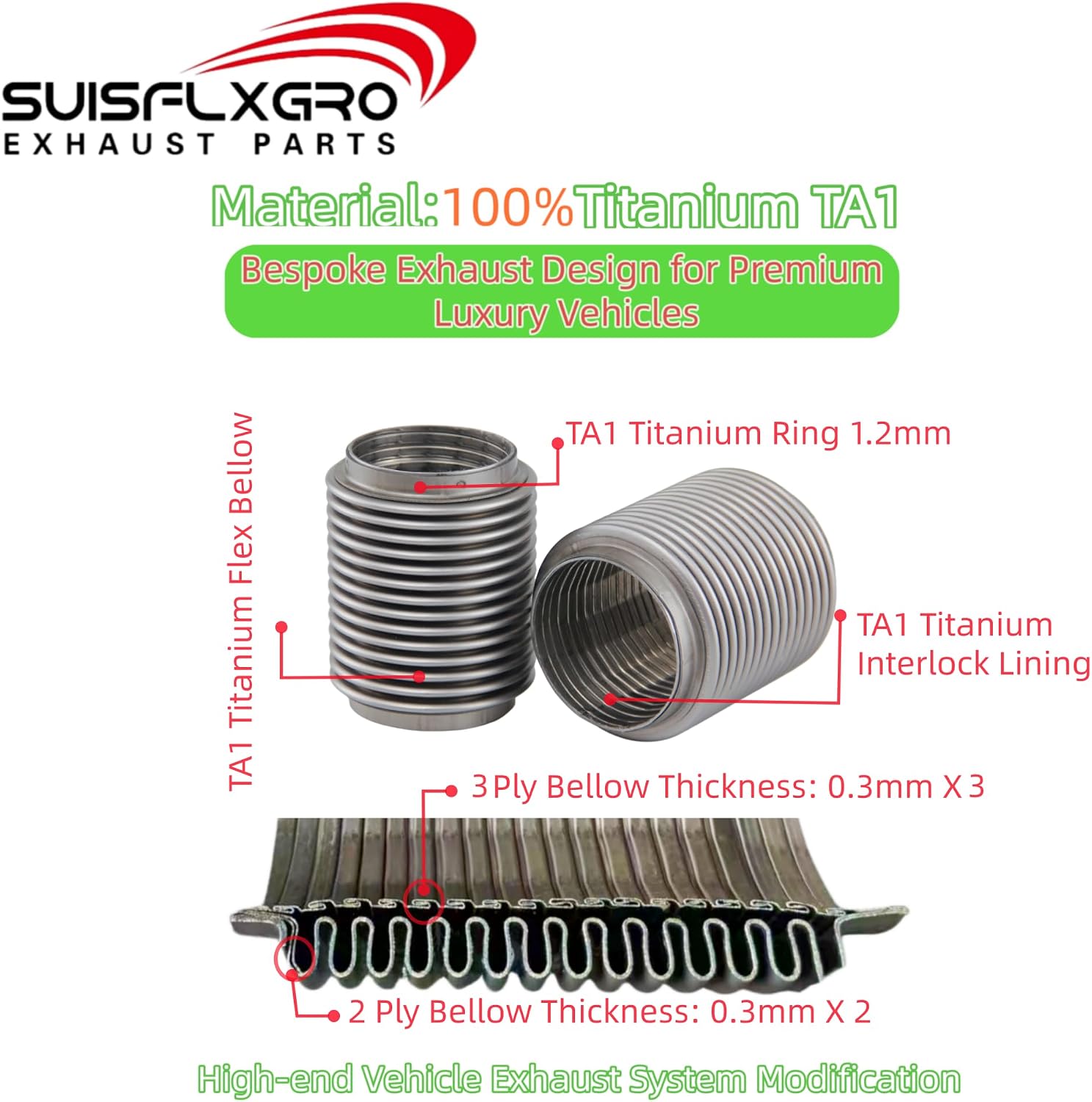 Exhaust Flex Pipe (Interlock Lining Type) 100% Titanium TA1 For Performance Exhaust Tuning and Modification (1PC, 2.5X4.7)