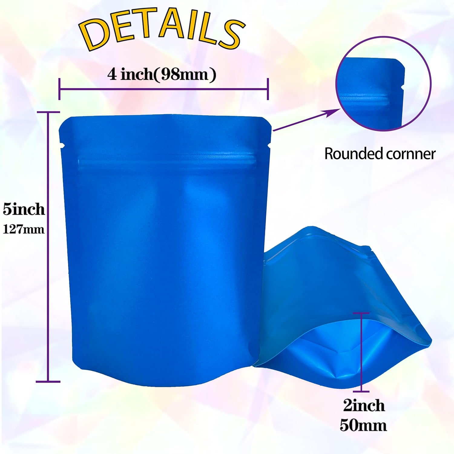 100 Pack Premium Smell Proof Mylar Bags, Resealable Food Storage Bags with Double-sided Matte Printing, 5" x 4" Aluminum Foil Stand-up Packaging Bags. (Blue) image 2