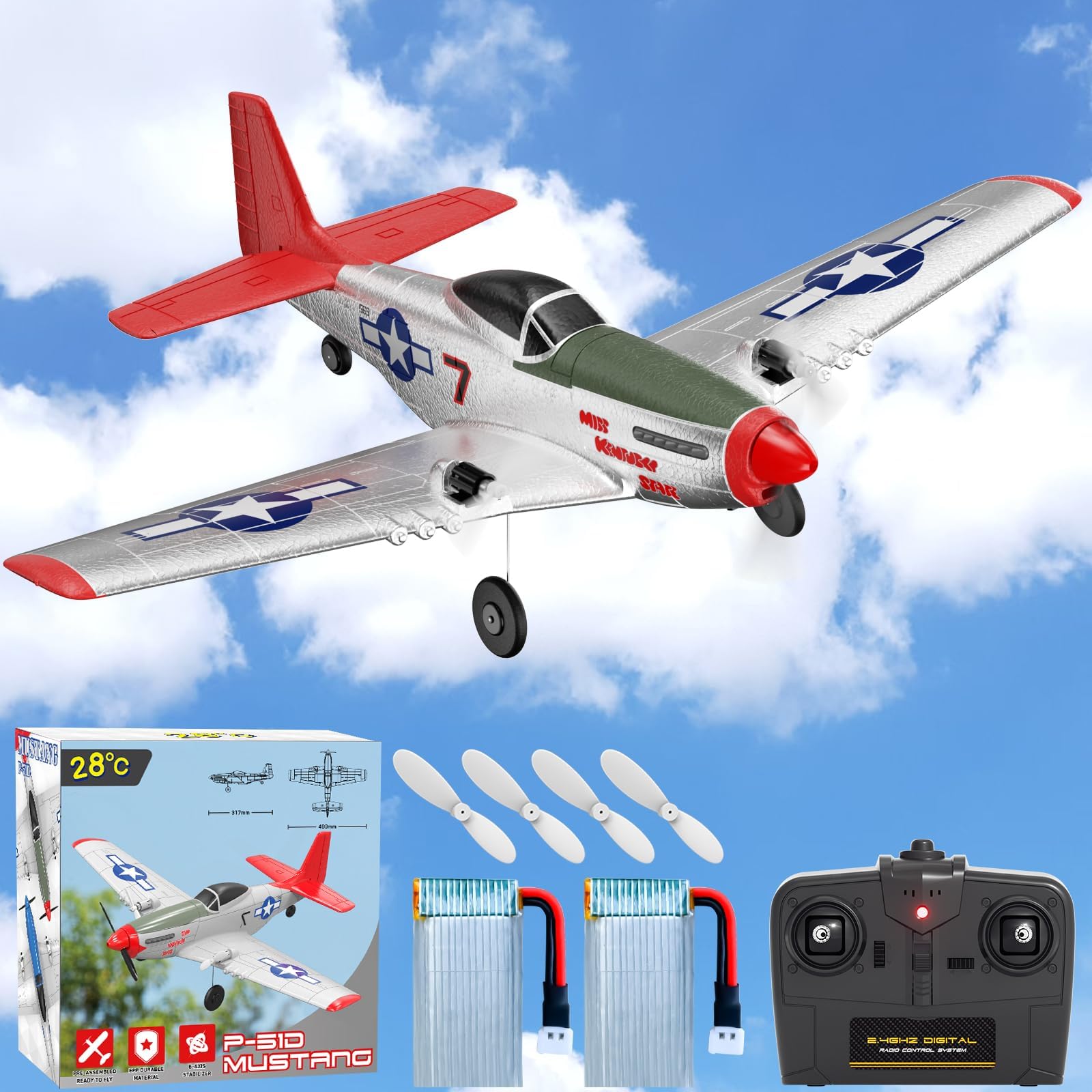 28℃ Remote Control Airplanes, 2.4Ghz 2CH RC Plane Toy Gift for Kids & Adults, P51 Mustang Remote Control Plane for Beginners with Gyro Stabilization System (RED)