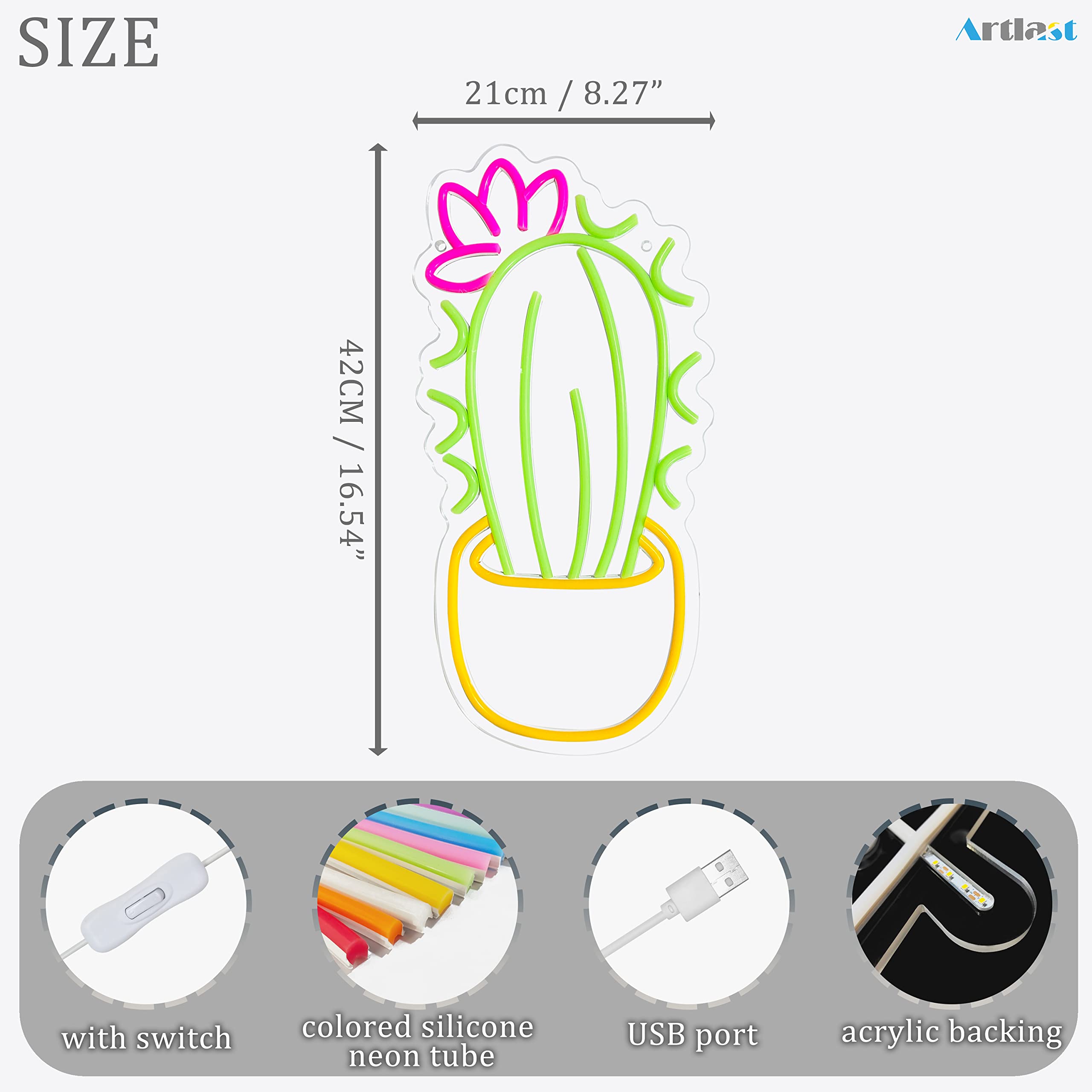 Artlast Cactus Neon Sign Cactus Potted Neon Light Cactus With a Flower LED Light Sign Plant Sign Houseplant Decoration Neon Aesthetic Decor for Bedroom Flower Store Birthday Holiday
