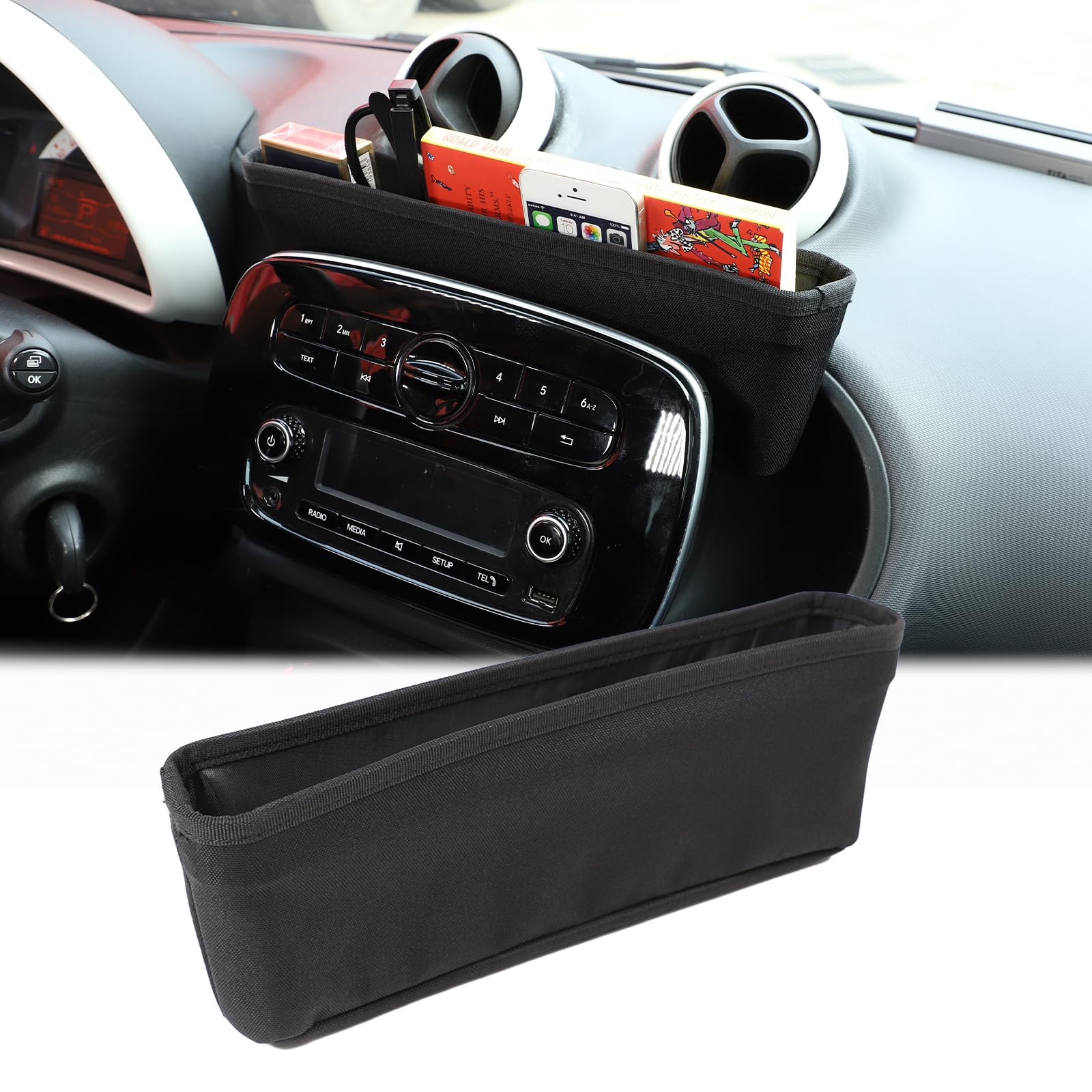 Mittelkonsolen-Aufbewahrungsbox für Smart 453 Fortwo/Forfour 2015-2021 Organizer-Tasche Oxford-Stoff Konsolen-Zubehör Aufbewahrung für Handys Schlüssel Karten Münzen
