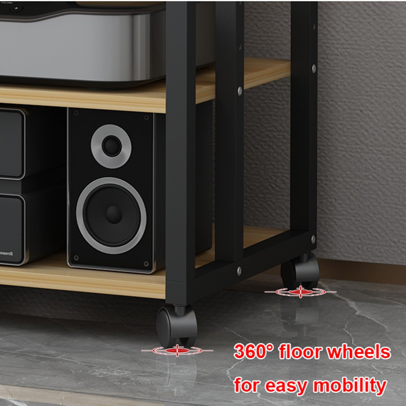 AV-Ständer mit 6 Ebenen, Holzregalen und Stahlrahmen, modernes Medien-Regal für Zuhause/Büro/Theater, Rage Cabinet für CD/DVD-Player und Unterhaltungssysteme
