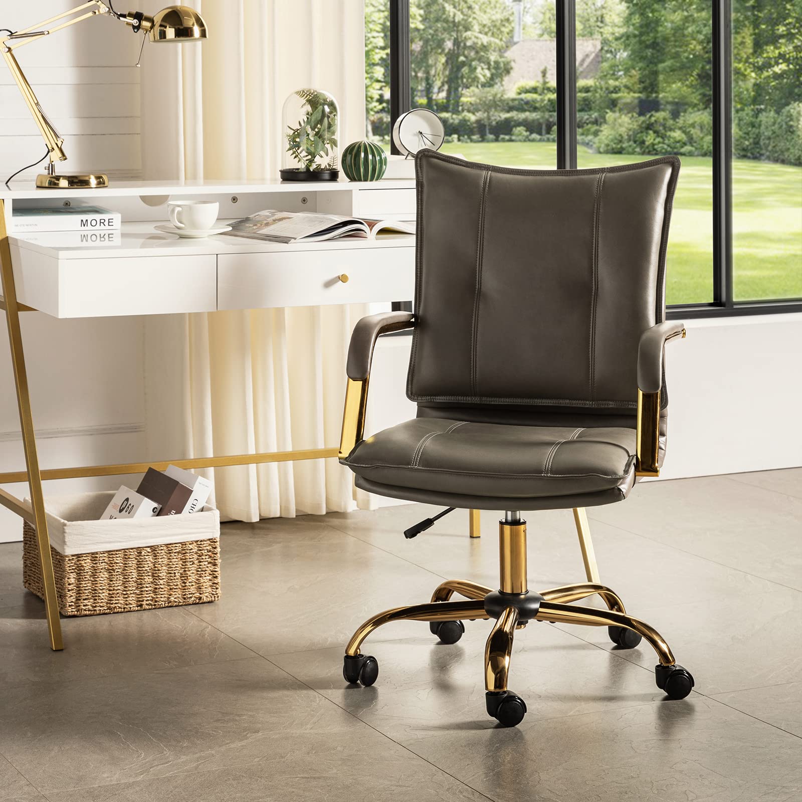 HULALA HOME Faux Leather Home Office Desk Chair, Adjustable Swivel Computer Chair with Golden Legs and Arms, Comfy Upholstered Task Chair, Grey