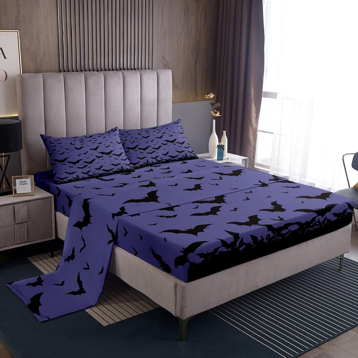 Feelyou Bats Animal Print Bed Sheets Set Queen Size Happy Halloween Sheet Set for Kids Boys Girls Decor Horror Theme Sheets with Deep Pocket Fitted Sheet Pink Black Bedding Set Witchcraft Bed Set