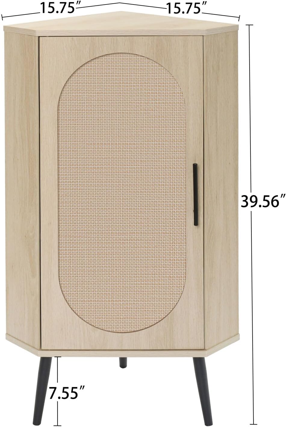 Corner Cabinet with Rattan Door,Storage Cabinet with Triangle Metal Bottom Angle,Corner Shelf for Small Spaces,Bathroom, Living Room,Kitchen,Natural