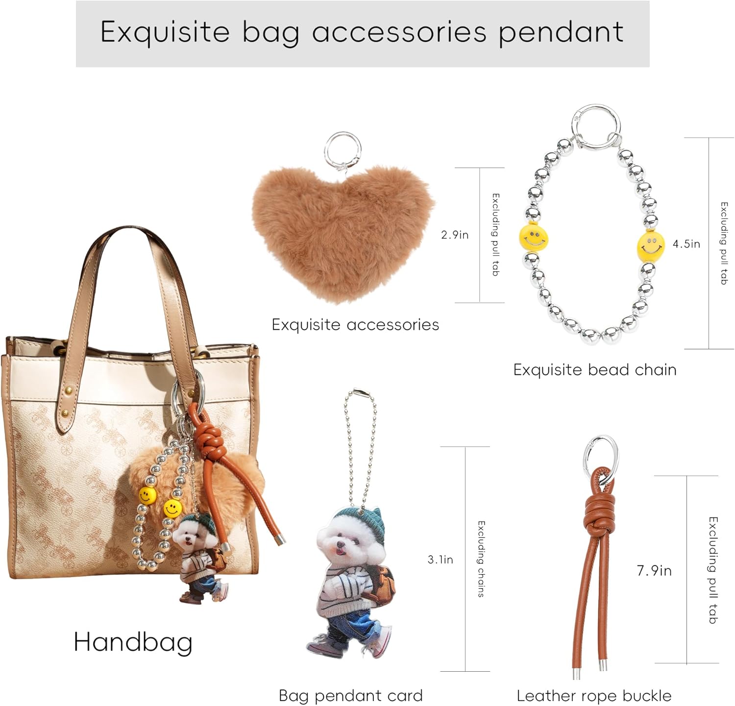 Heart pom Keychain for Women Plush Bag Charm Set, Blue PU Leather Strap & Dog Tag | Cute Purse Charms for Handbags - Image 2
