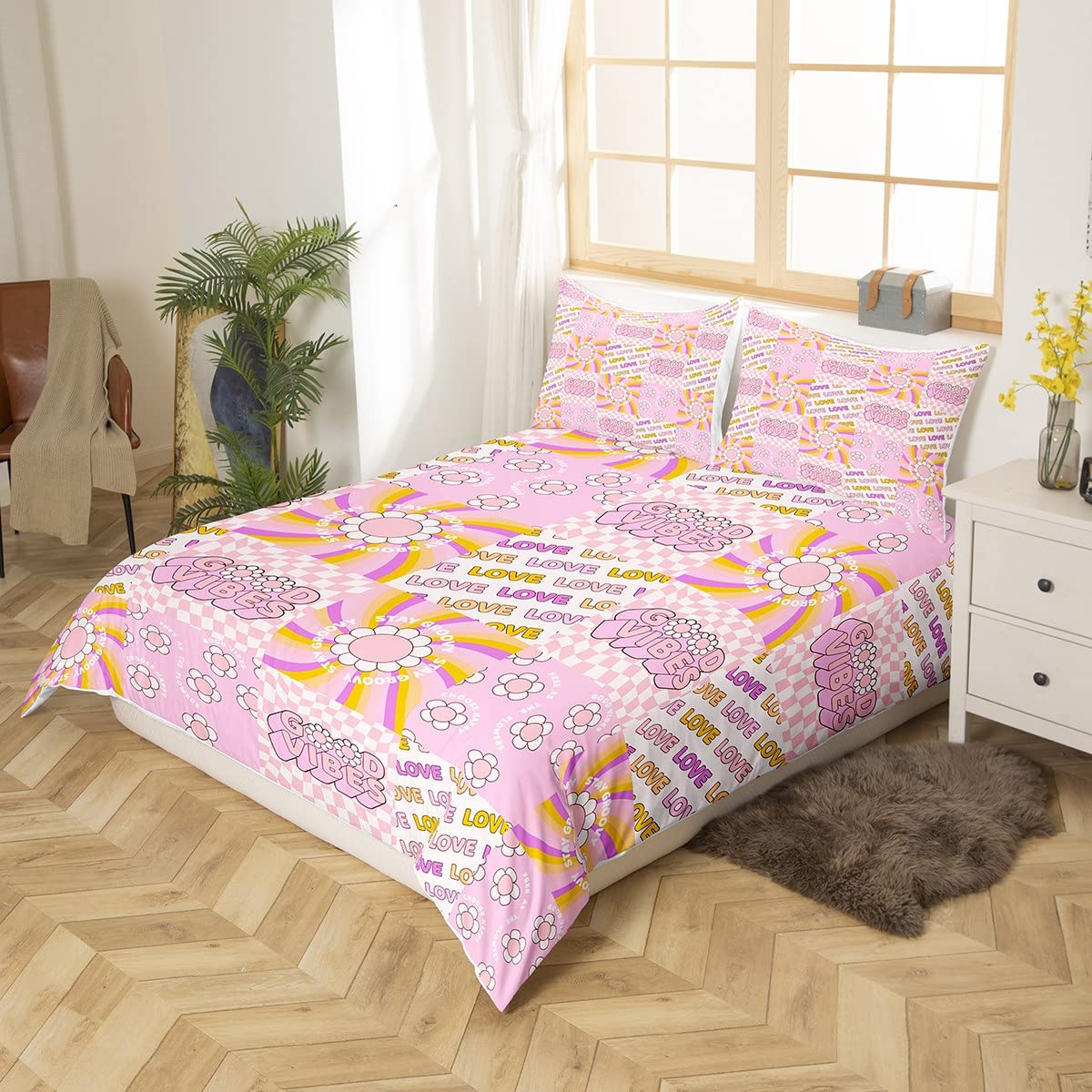 Retro Hippie Bloem Beddengoed Set 60S 70S Groovy Dekbed Cover Set voor Kinderen Tieners Vlinder Bloemen Dekbedovertrek Abstract Kleurrijke Patroon Sprei Cover 2 Stks Met 1 Kussensloop Enkele Size