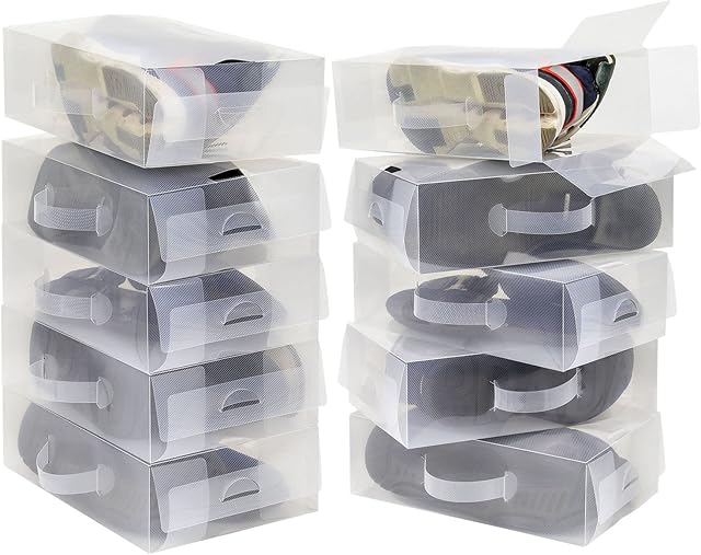 Taylor & Brown Set of 10 Clear Corrugated Plastic Shoe Storage Boxes with Handle 18x30x9.5cm - Stackable and Foldable for Ladies Men - Transparent Shoe Organiser