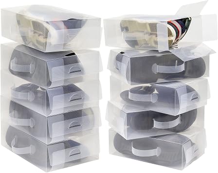 Taylor & Brown Set of 10 Clear Corrugated Plastic Shoe Storage Boxes with Handle 18x30x9.5cm - Stackable and Foldable for Ladies Men - Transparent Shoe Organiser