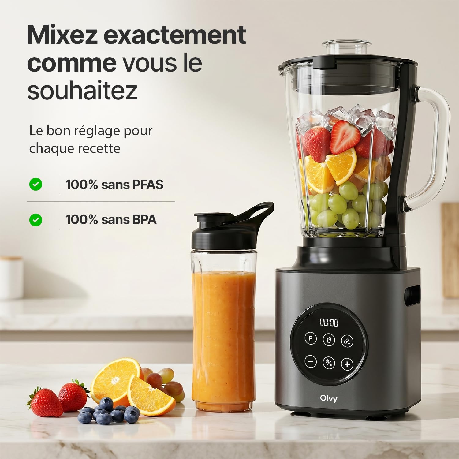 Olvy Blender Chauffant Mixeur Bol Verre Glace Pilee | 1 Appareil | Gris 1000W 1500ml 9 Vitesses | Smoothie Familial & Sport | Gourde Nomade Sans BPA