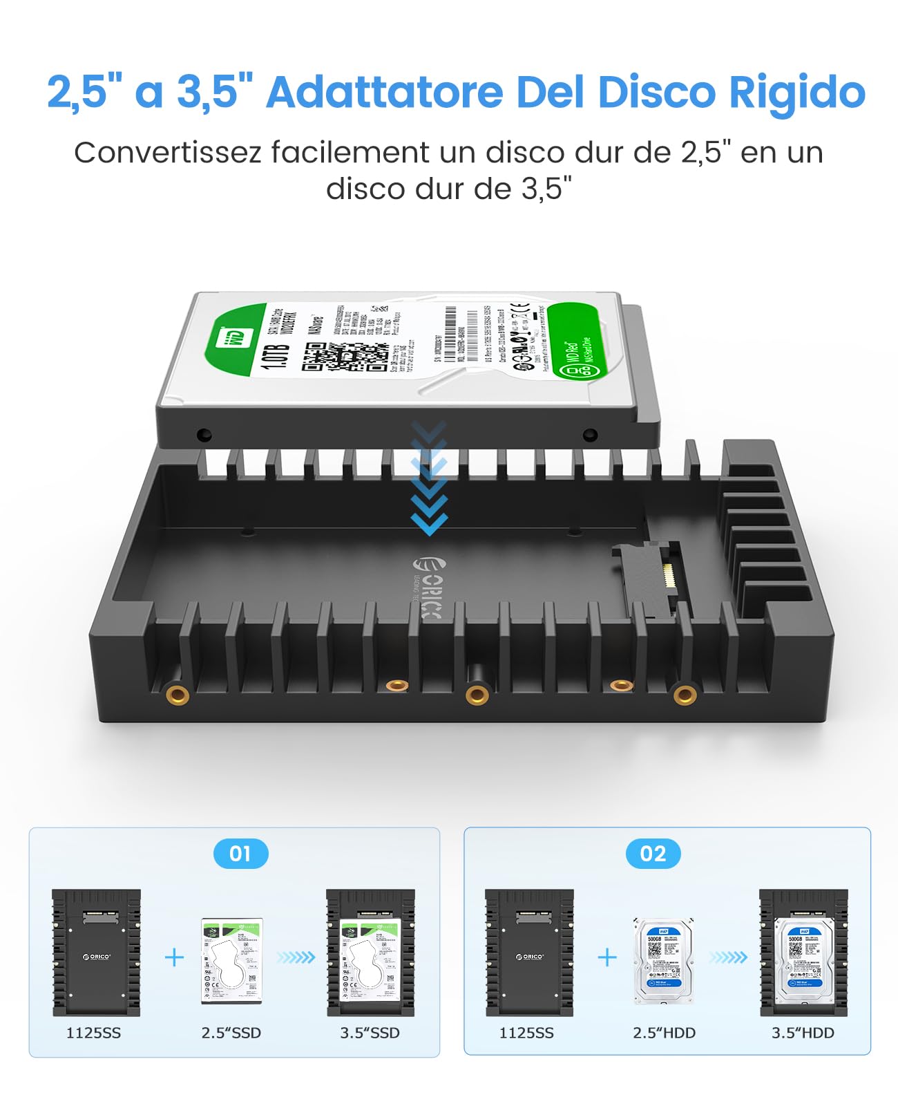 ORICO Telaio di Montaggio per Dischi Rigidi 5 Pezzi Adattatore Hard Disk Interno da 2,5" a 3,5" Staffe di Montaggio Rimovibili per 2,5 Pollici SATA HDD o SSD Incluse Viti -1125SS-5
