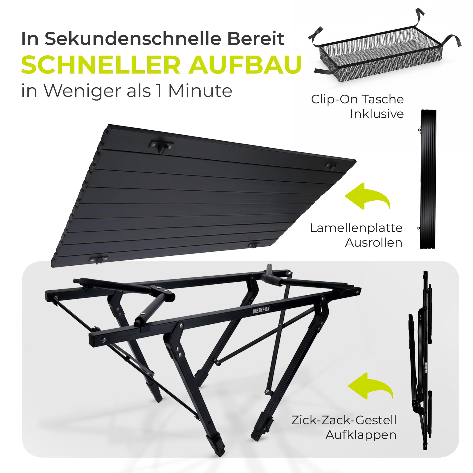 Camping-Tisch Klapptisch Klappbarer Multifunktionstisch Mehrzwecktisch; Höhenverstellbarer Falttisch mit aufrollbarer Tischplatte (90x51cm) & Tragetasche; belastbar bis 30kg