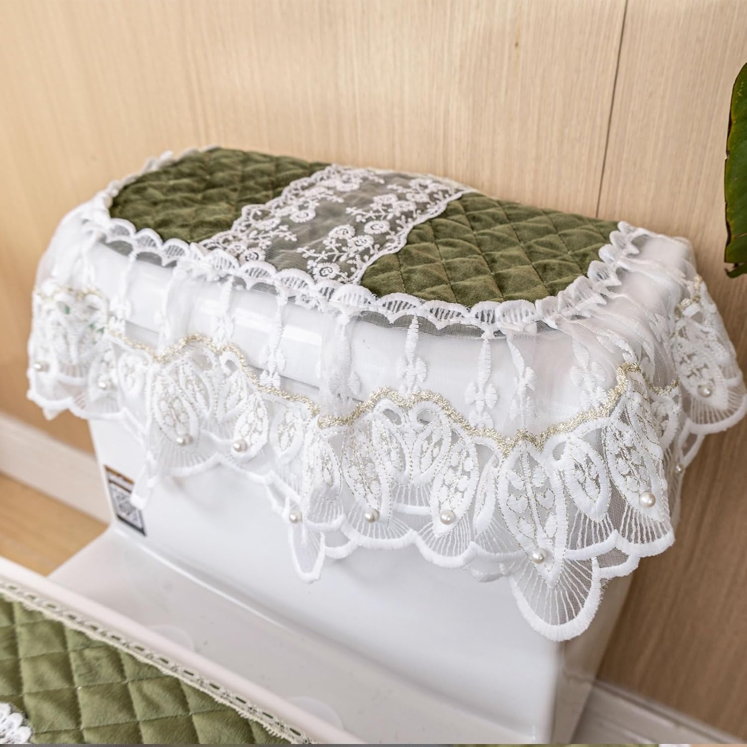Elegant Lace Toilet Tank Cover and Lid Set, Green Quilted Fabric with White Floral Embroidery, Soft Plush Velvet,Warm, Washable, 3-Piece Bathroom Decor