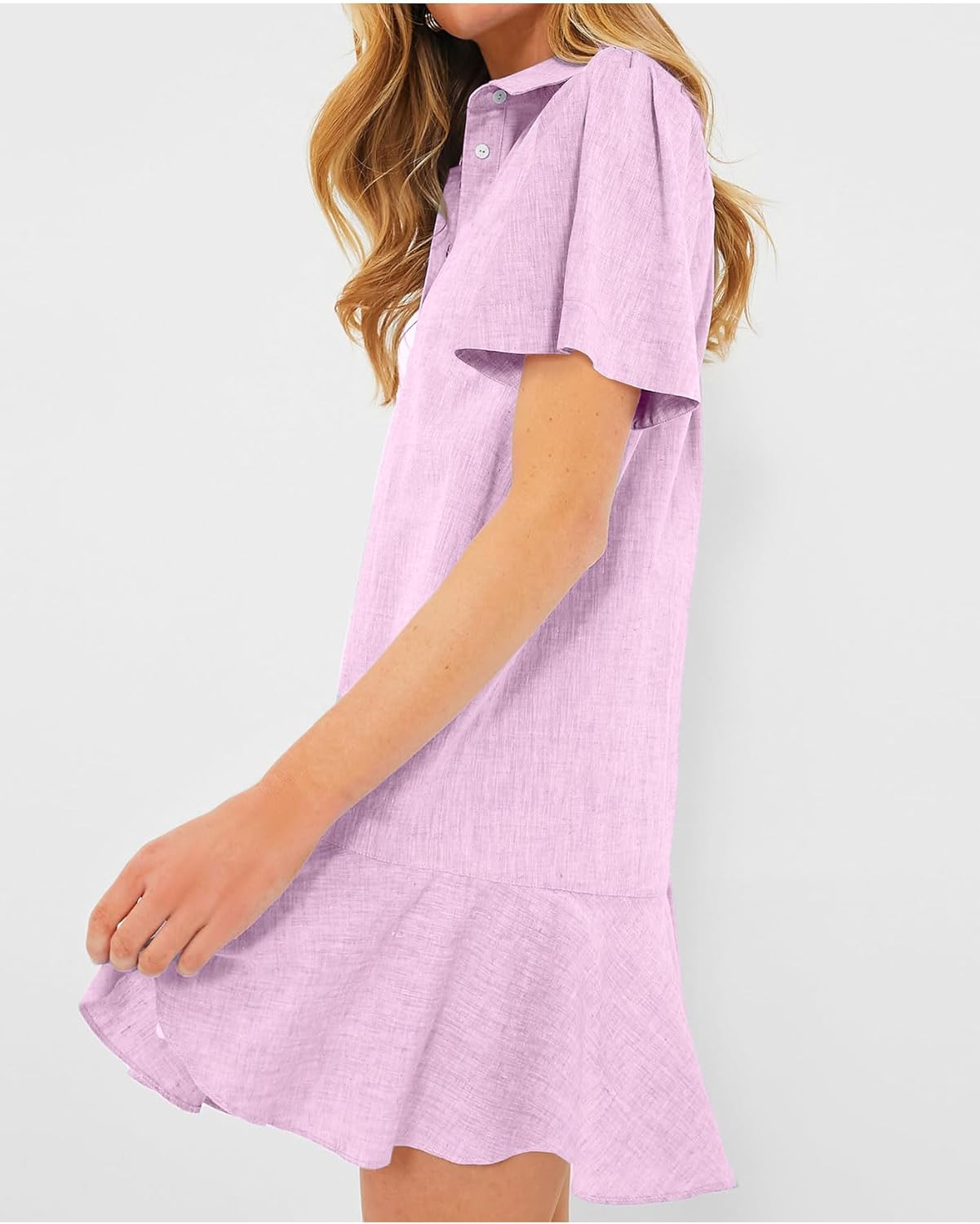 Women's Button Down Shirt Dress Summer Casual Short Sleeve Cotton Linen Ruffle Shift Mini Dresses - Image 3