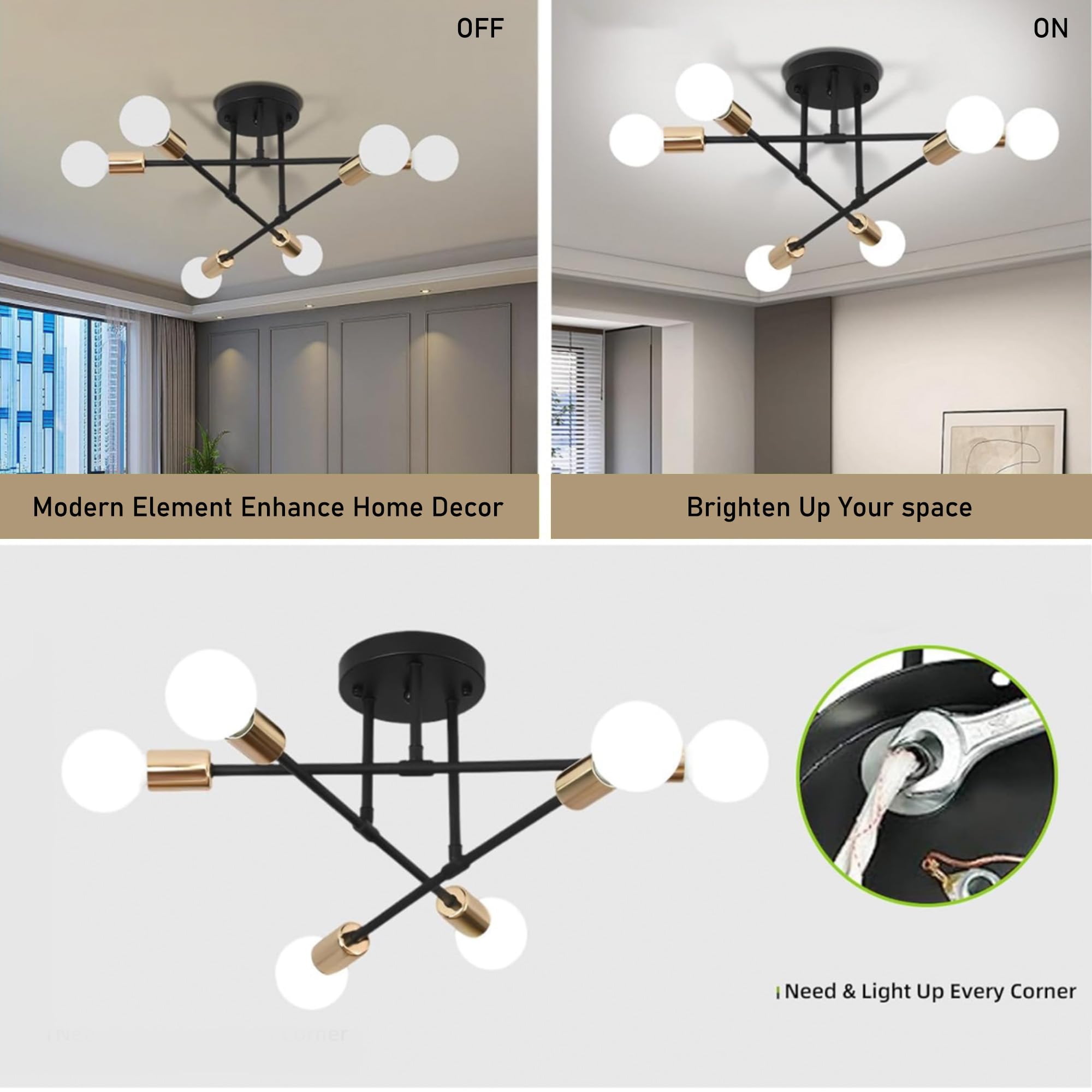 YHTlaeh Lampadario Soffitto Industrial Forma DIY Plafoniera E27 Moderno Lampada da Soffitto in Ferro Vintage per Camera da letto Soggiorno Cucina Corridoio (6T, Nero+Oro)
