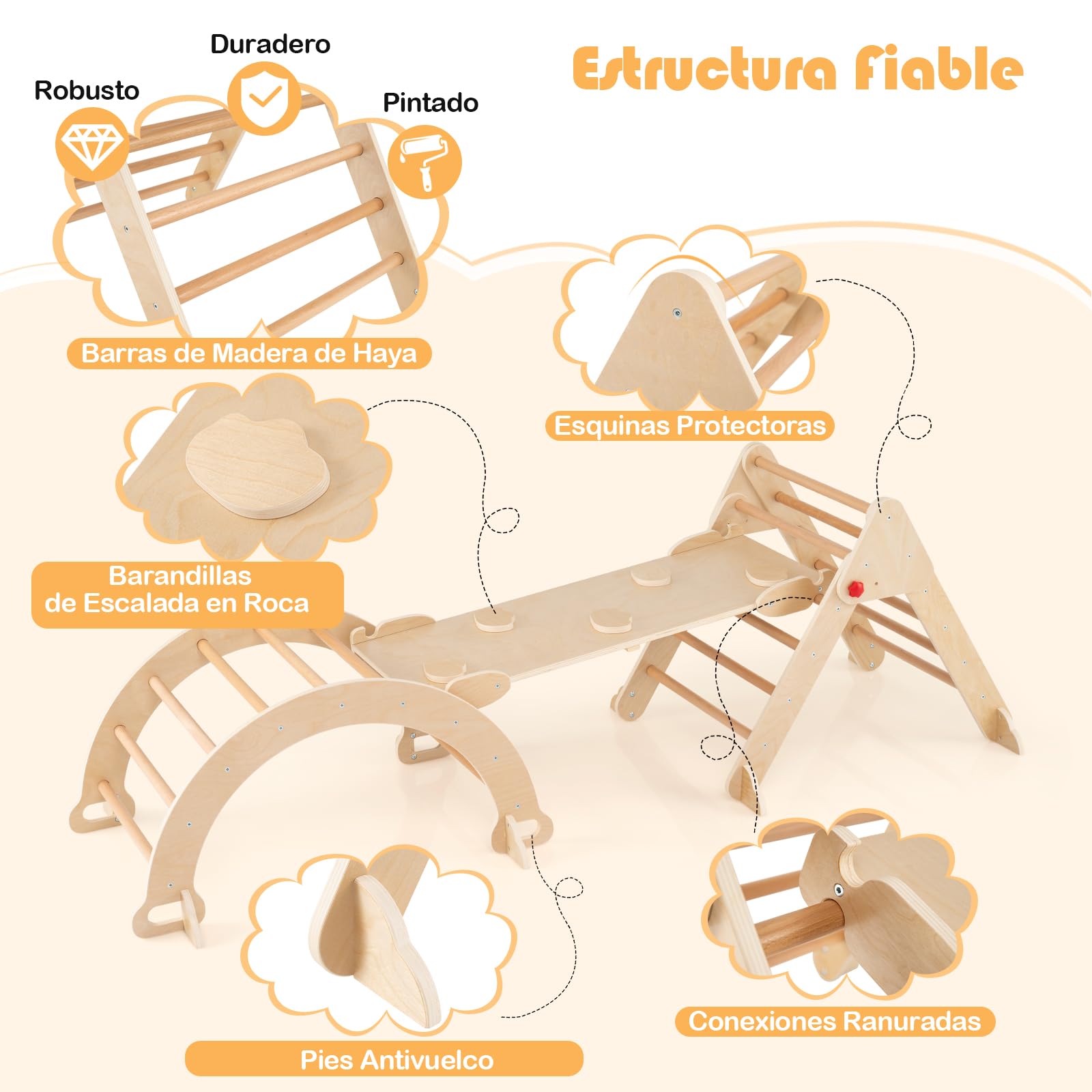 COSTWAY 7 en 1 Triángulo de Escalada de Madera para Niños, Juego de Escalada con Triángulo/Arco/Rampa para Deslizarse o Escalar, Set de Escalada Montessori para Niños 1+ Año, Natural (Ancho 69cm)