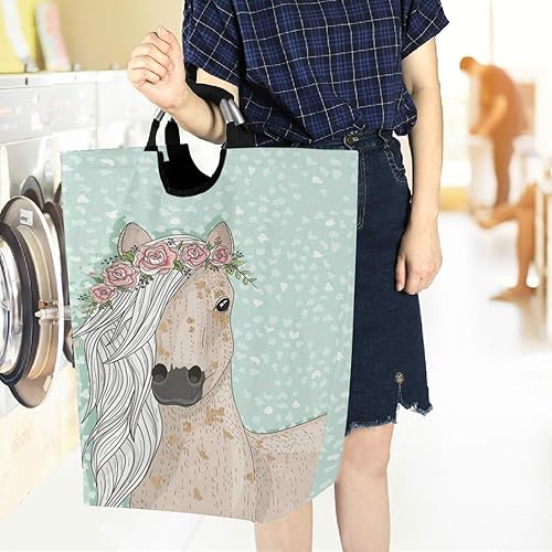 Miniatura 6 de visesunny Cesta de lavandería de gran capacidad con diseño floral de caballo lindo con corona, resistente al agua, tela Oxford, cestas de