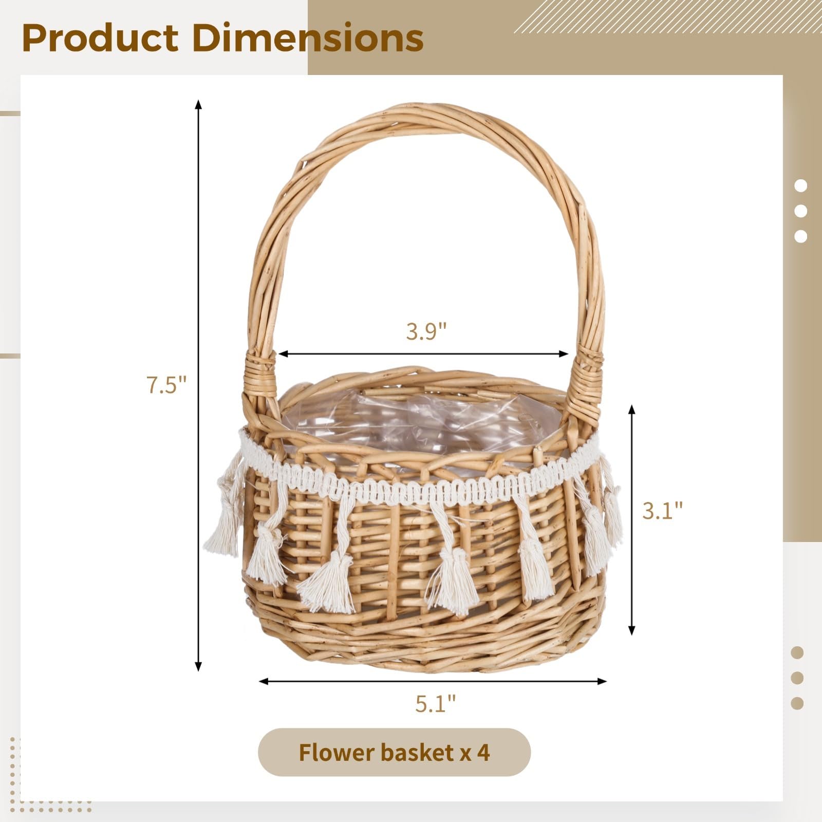 4 kosze na kwiaty z uchwytem, wiklinowe, rattanowe, lekkie kosze kwiatowe, ręcznie tkane, do ogrodnictwa, imprez festiwalowych, wesel, baby shower, przenoszenia prezentów i smakołyków, 4 szt