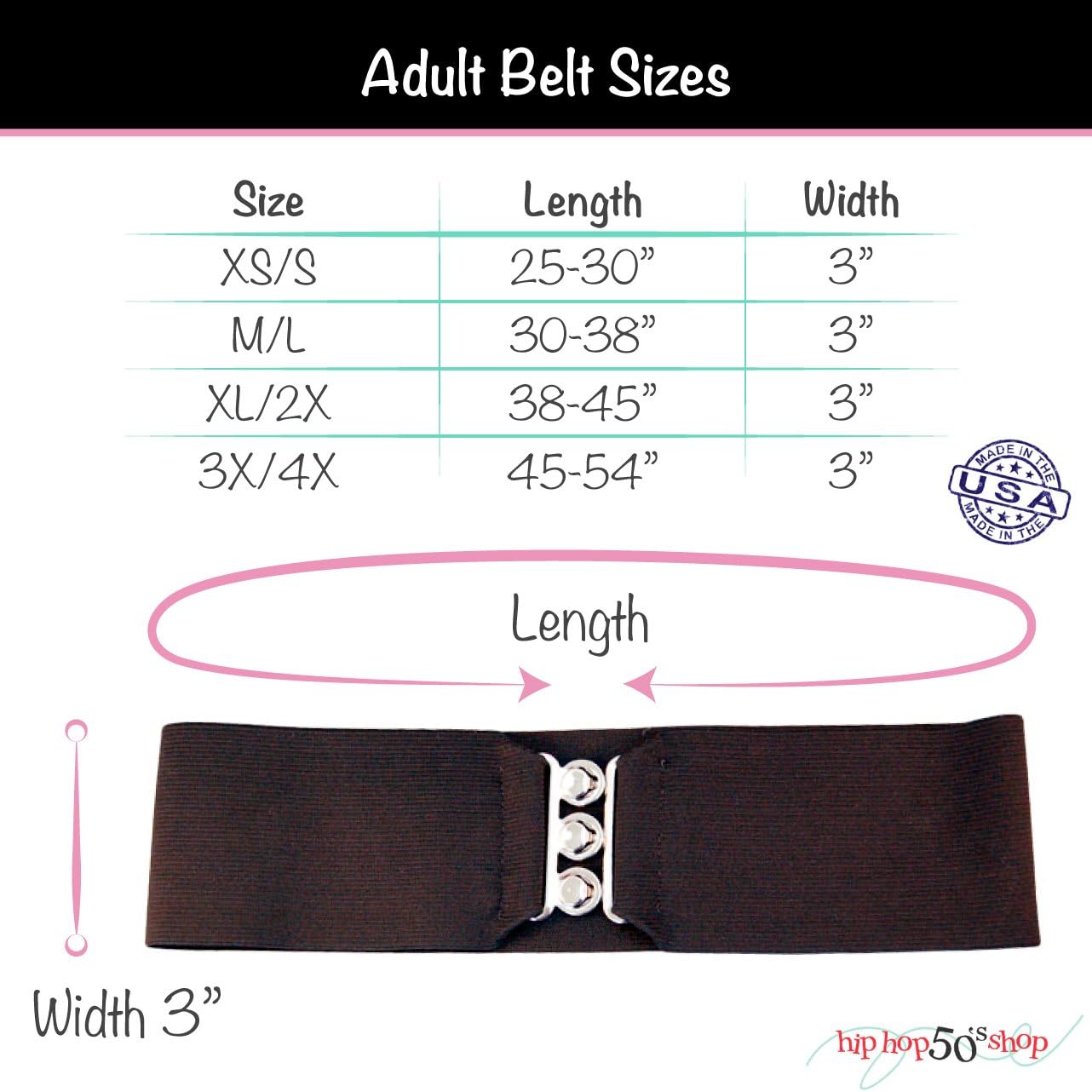Miniatura 6 de Hip Hop 50's Shop Cinturón elástico de 3 pulgadas de ancho estilo años 50 para mujer, tallas junior y grandes, hecho a mano en los Estados Unidos