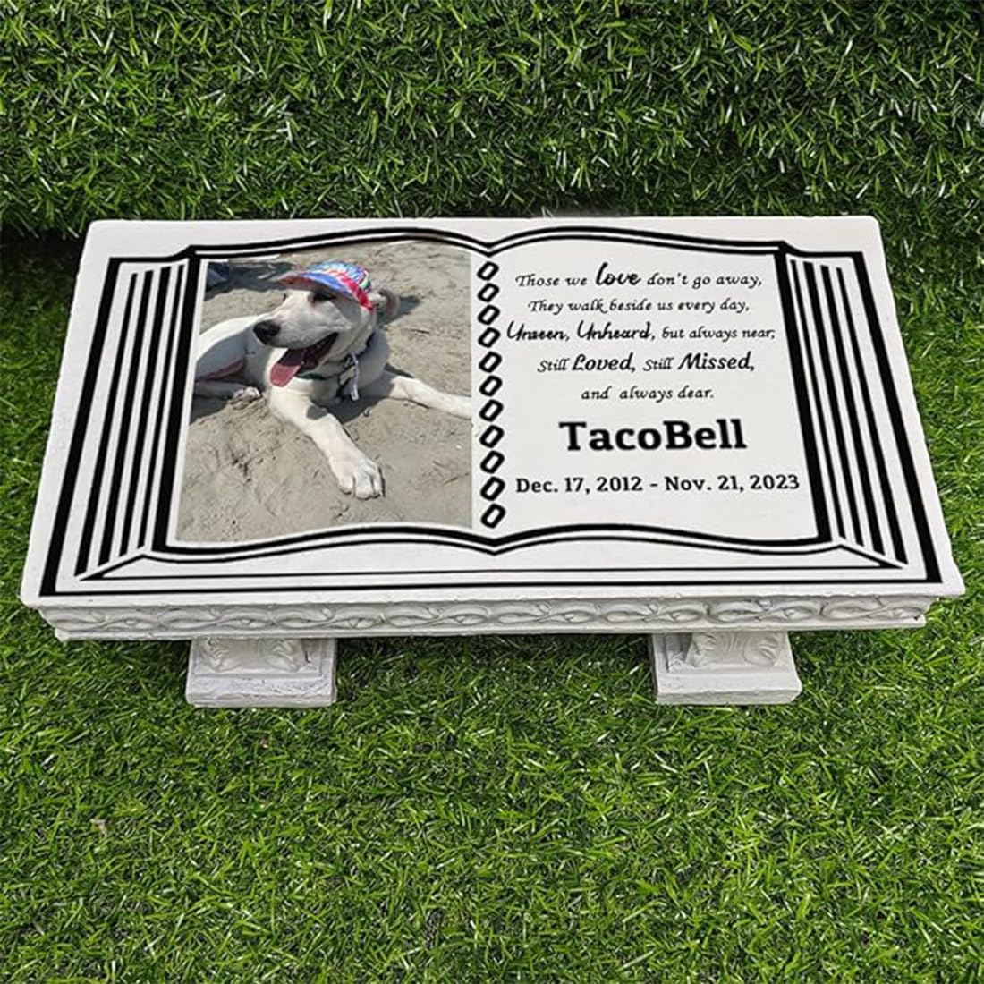 JHB Personalized Bench Pet Memorial Garden Stone Plaque with Colorful Photo, Dog Grave Marker Dog Tombstone Cat Headstone for Graves Loss of Pet Gift Cemetery Garden Plaque (O)