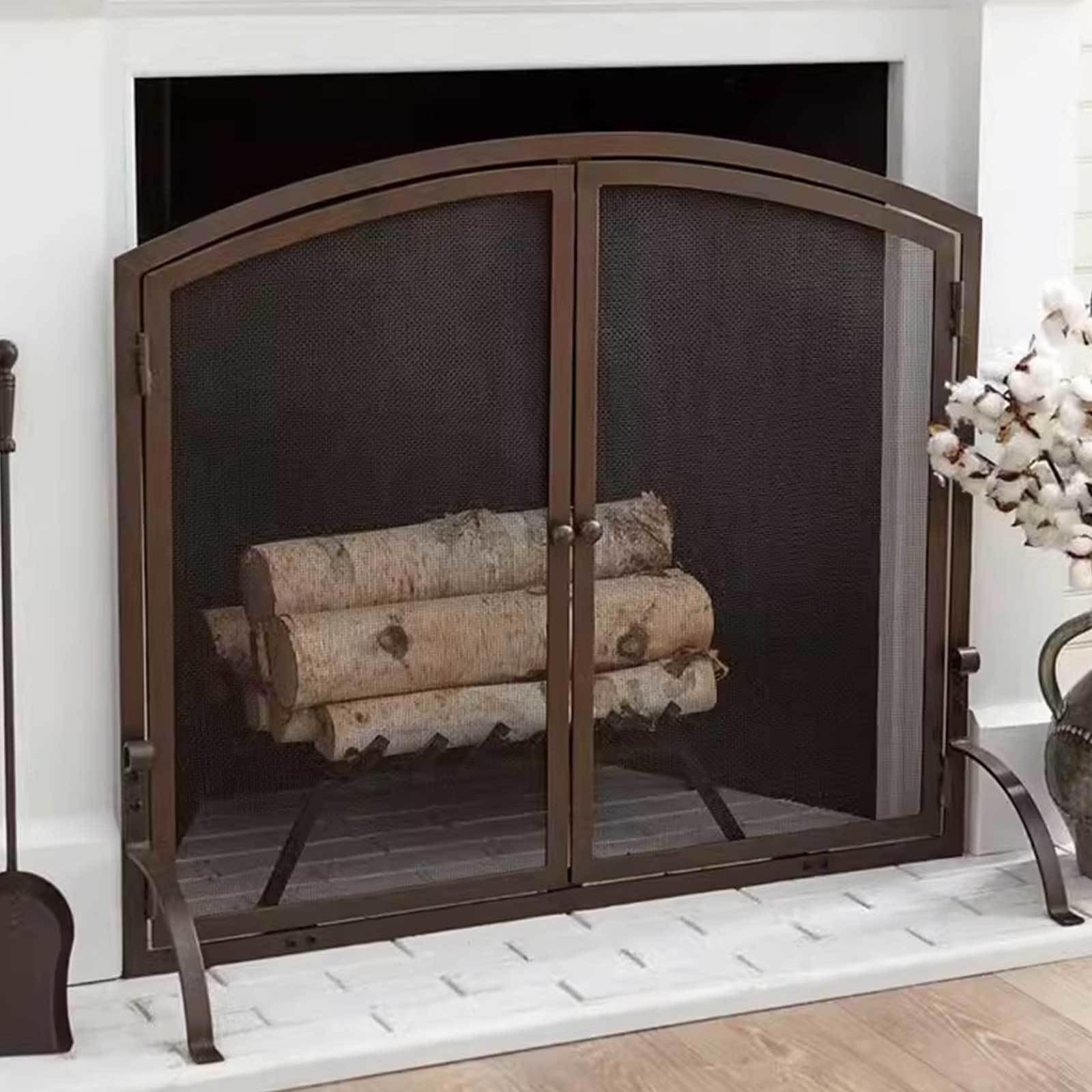 Parascintille Decorativo per Camino Ad Arco a 2 Porte - Copriscintilla per Camino in Ferro Battuto Artigianale con Rete Metallica per L'arredamento del Soggiorno,Brown