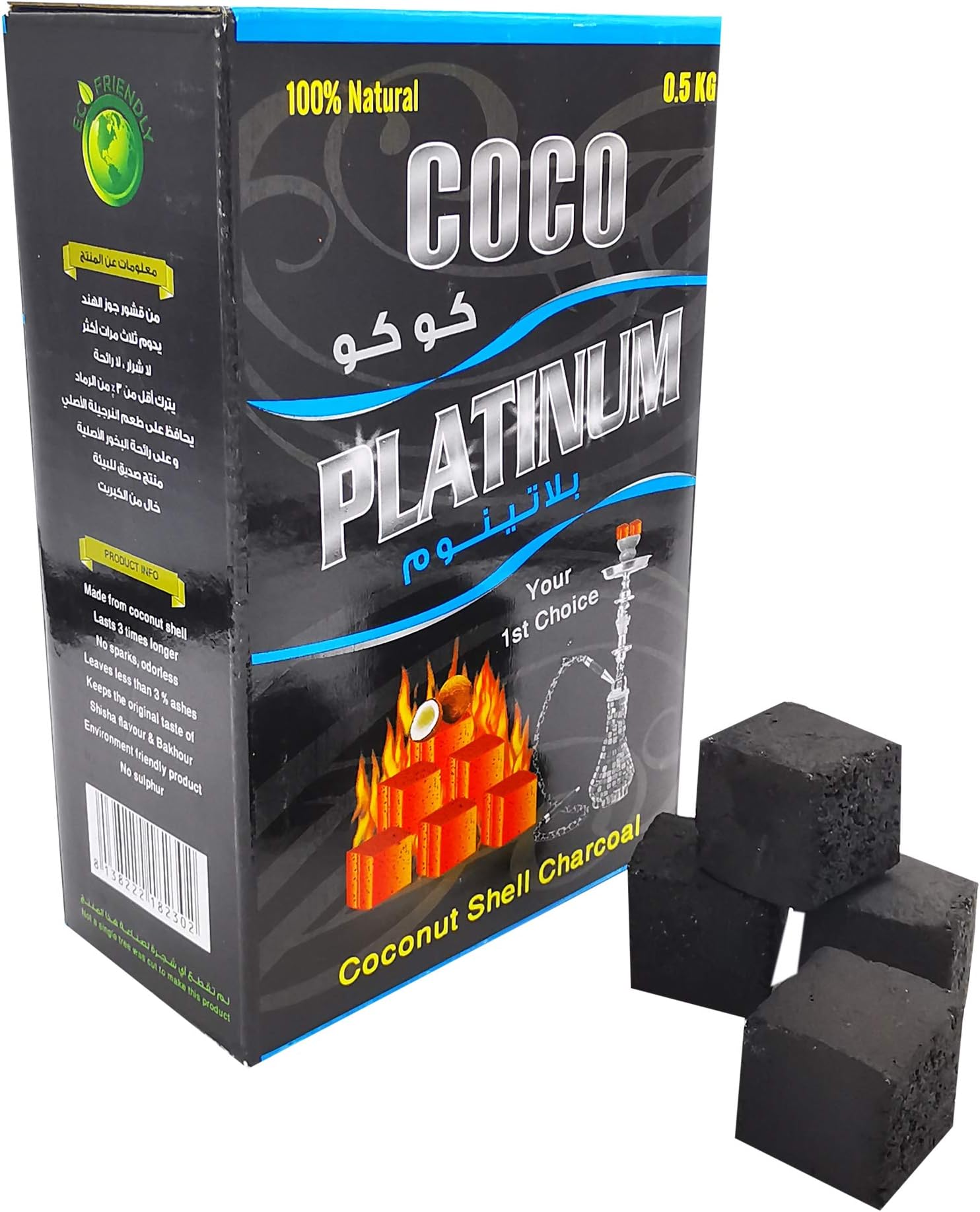 COCo Platinum Coconut Shell Charcoal - 100% Natural Coal Cubes for Shisha, Hookah, Bakhoor, Incense, BBQ - Long-Lasting, Low Smoke, Odorless Briquettes - No Taste, Chemicals or Additives - 0.5 kg Box