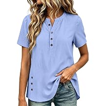 Womens Cotton Linen Blend Shirts Button Up Short Sleeve Henley Blouses Side Button Loose Casual Summer Tunic Tops