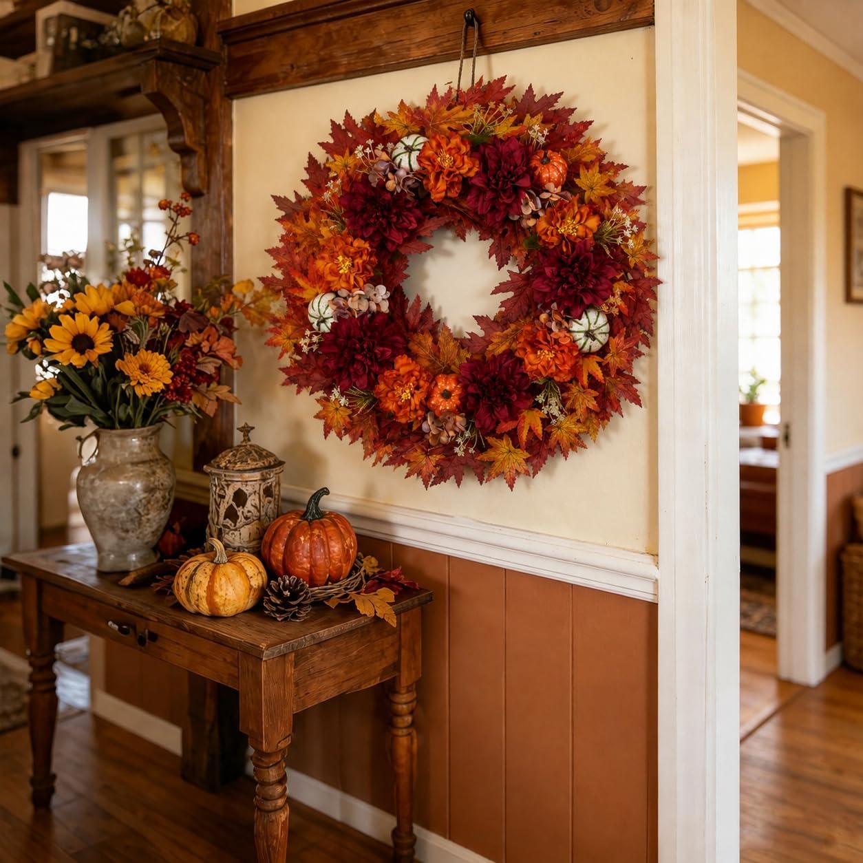24“ Fall Dahlia Flower Pumpkin Wreath for Front Door