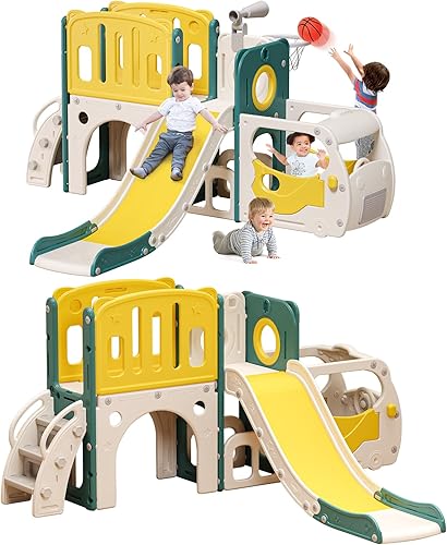 Juego de tobogán para niños pequeños, para bebés, con temática de autobús, parque infantil con aro de baloncesto escalador para interiores y