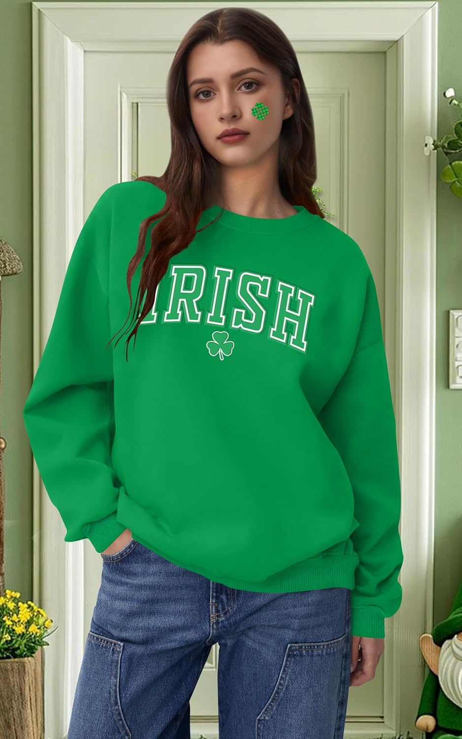 St Patrick Day Sweatshirt Women Clover Lucky Sweatshirts Irish Shamrock Print Pullover Casual Long Sleeve Tops - Image 3