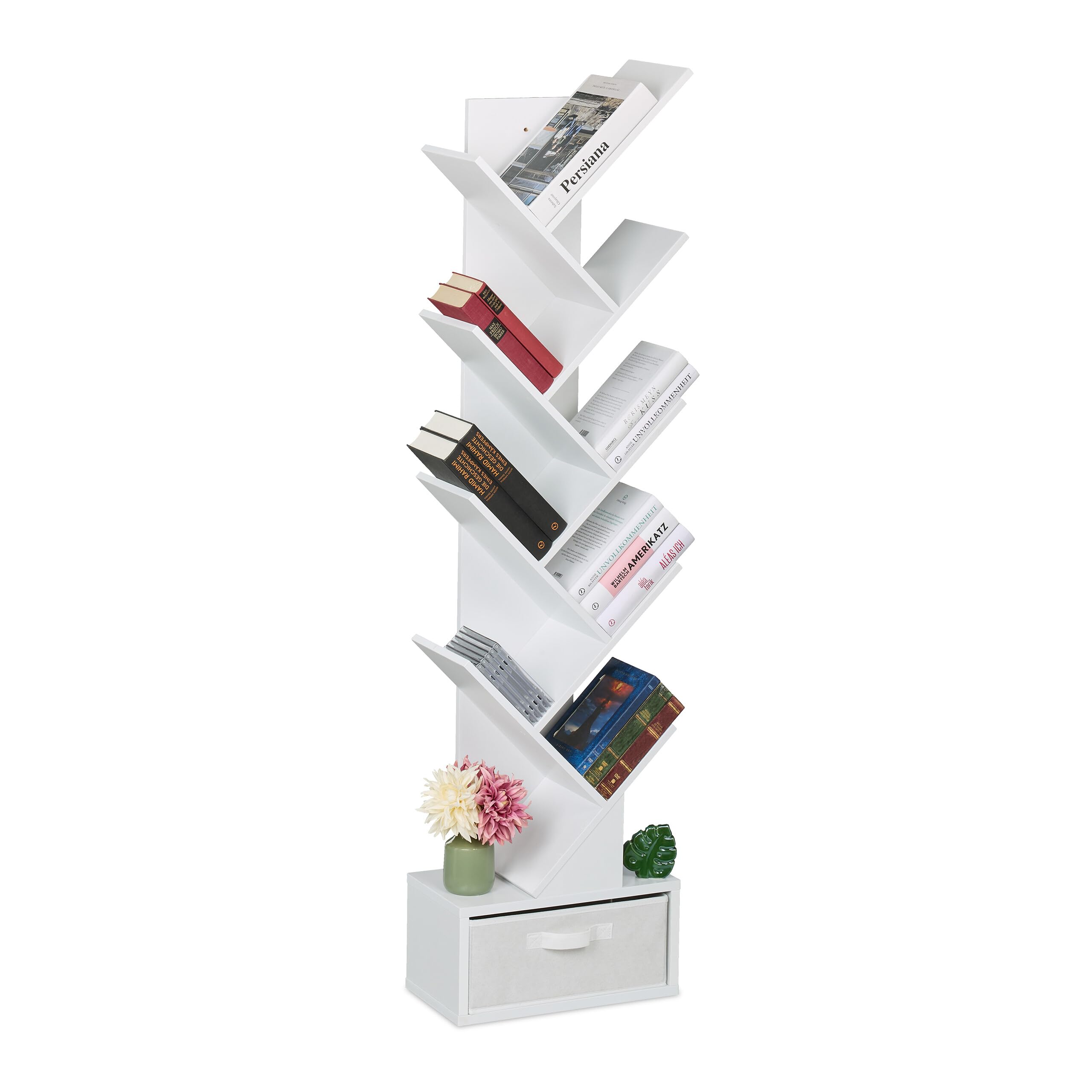 Relaxdays Tree Bookshelf, 9-Tier Bookcase, HWD: 146 x 38 x 22 cm, Storage for Books & CDs, Free-Standing, Drawer, White, Cardboard, Fleece, Fibreboard