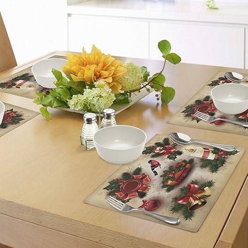 Miniatura 4 de Ambesonne Juego de 4 manteles individuales de Navidad, estilo clásico, campanas de velas, muérdago, cinta de pájaro, manteles individuales de tela