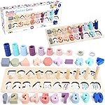 CozyBomB Montessori Educational Wooden Shape & Number Puzzle Blocks - Preschool Learning Toys for Boy & Girl (Macaron)