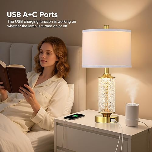Miniatura 5 de QiMH Juego de 2 lámparas de mesa, lámparas para dormitorios con luz nocturna LED, lámparas de noche con puertos de carga USB C+A, lámparas negras