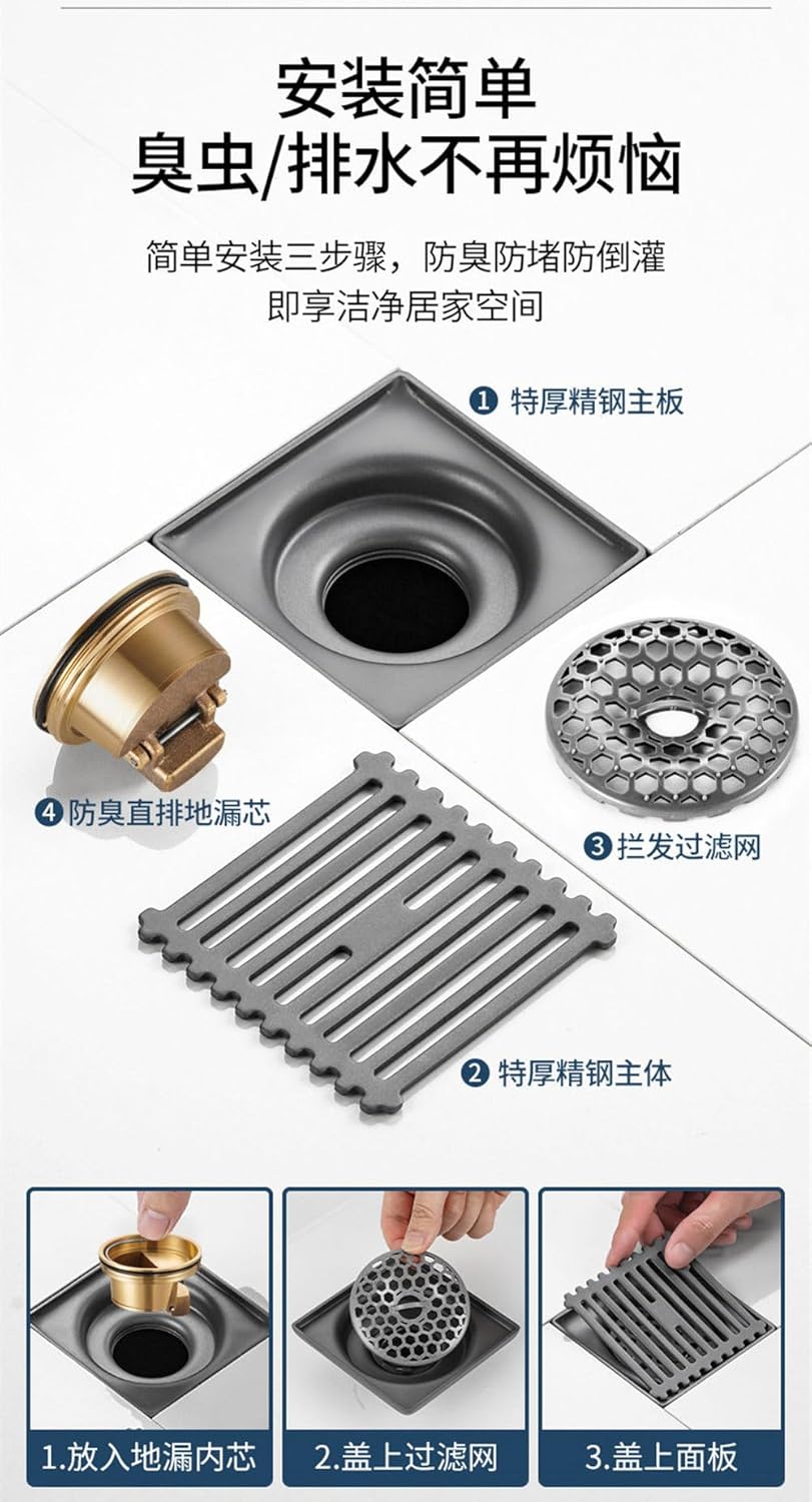 10cm Anti-Odor Bathtub Shower Drainer Floor Bathroom Accessories Square Gray Floor Drain Waste Drain for Toilet Laundry,E,1PC,G with Head-1PC