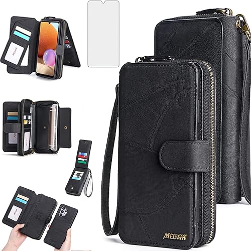 Asuwish Funda de teléfono para Samsung Galaxy A32 4G de 6.4 pulgadas con cremallera, funda desmontable con protector de pantalla y soporte de