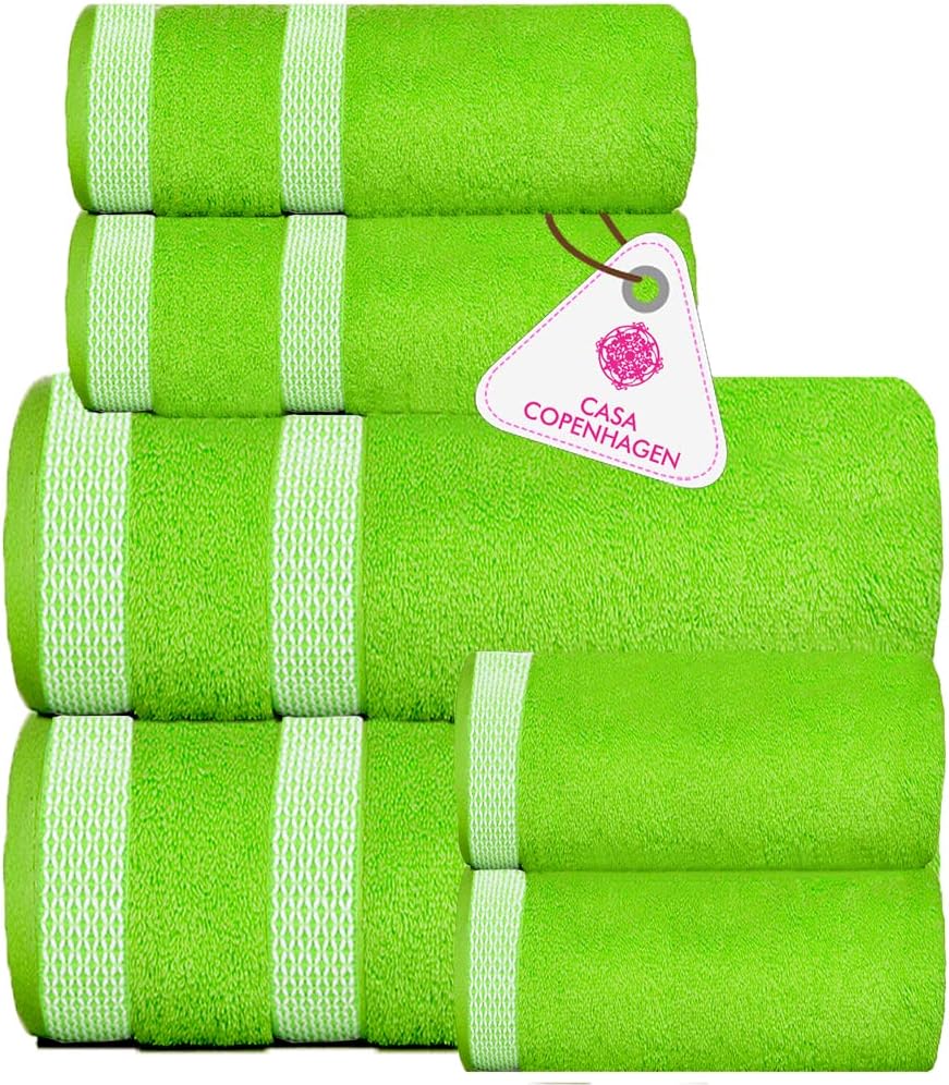 CASA COPENHAGEN Solitaire Designed in Denmark 600 GSM Hotel & Spa Decorative Kitchen & Bathroom Egyptian Cotton 6 Piece Towel Set, Includes 2 Bath Towels 2 Hand Towels 2 Washcloths – Lime Green